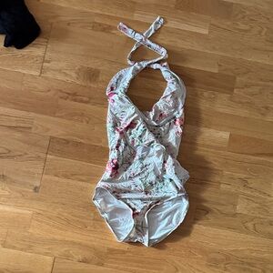 Carmen Marc Valvo White Floral Halter One-Piece Swimsuit with Pink Accents